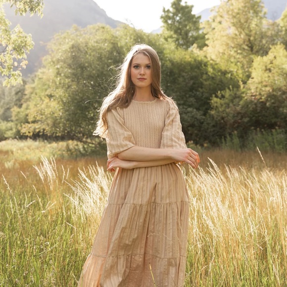 NWT Esme Smocked Modest Midi Dress with Pockets - Tan - Picture 3 of 9